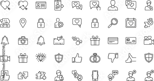 Social media and user interaction outline icon set with likes messages profiles security and engagement symbols for web applications