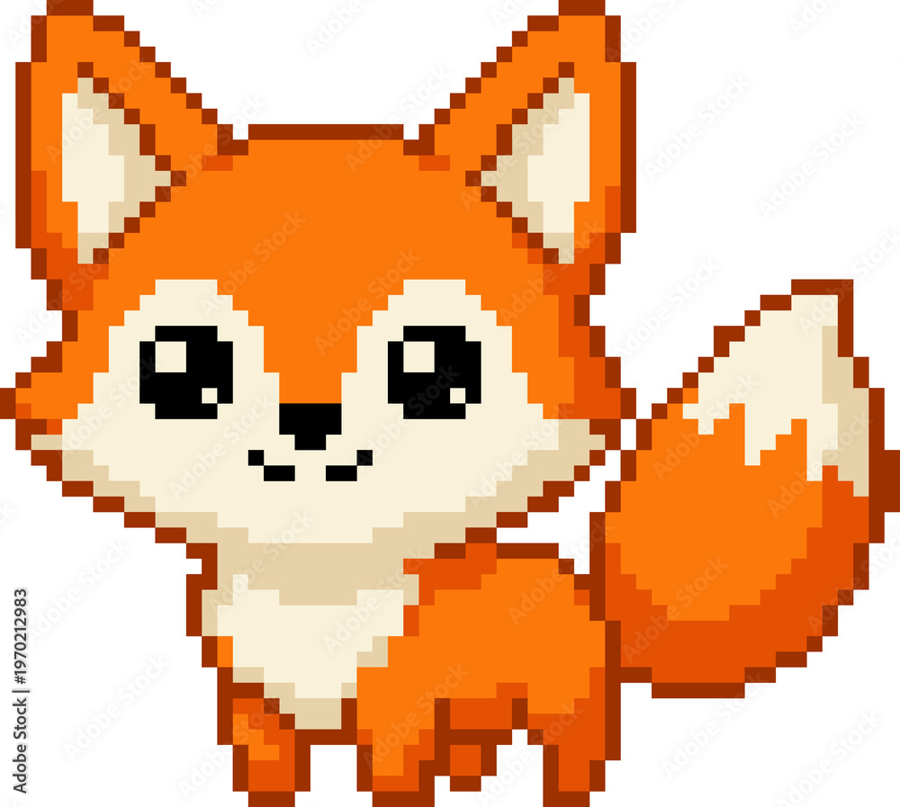 Fototapeta premium Cute orange fox pixel art character isolated on white background
