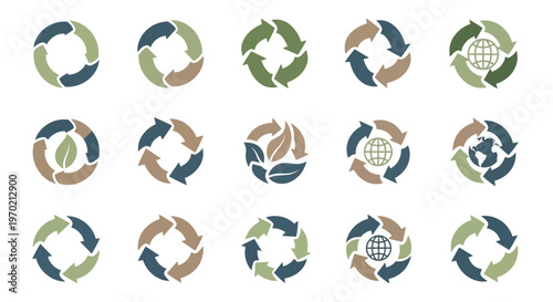 Recycle and Sustainability Icons Set: Eco-Friendly Circular Arrows and Global Environment Symbols