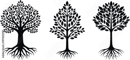 Abstract Tree Design Set with Roots and Leaves for Nature, Environment, and Organic Symbolism in Art, Decor, and Ecology Projects
