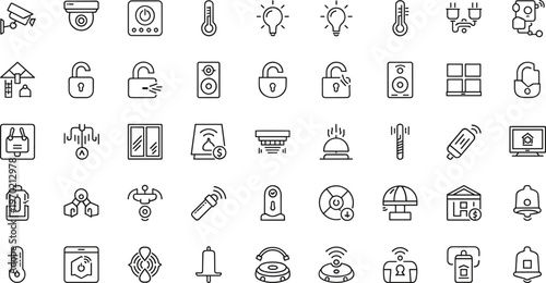 Smart home automation and security line icon set featuring sensors locks lighting minimal outline vector collection