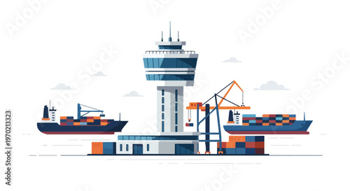 A minimal flat vector illustration of a port control tower overseeing ship traffic and cargo operations, using simple geometric shapes, a modern industrial concept, clean lines, and a white background