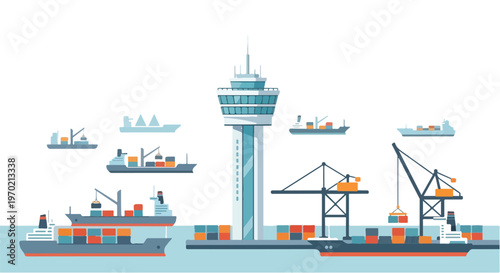 A clean flat vector illustration of a control tower at a port monitoring ships and cargo flow, with simple geometric elements, a modern industrial theme, and a white background.