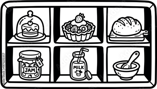 Cake jam milk bread and bowl on shelf