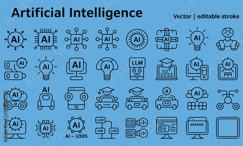 AI line icon collection, vector editable stroke icons for artificial intelligence, neural networks and smart technology projects.