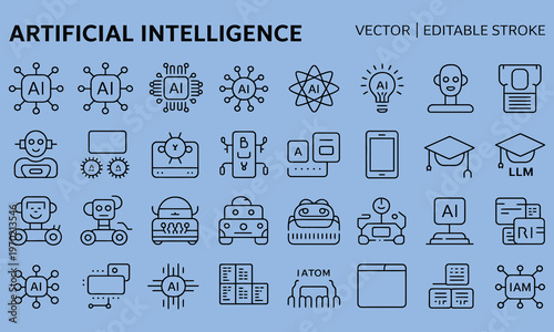 AI line icon collection, vector editable stroke icons for artificial intelligence, neural networks and smart technology projects.
