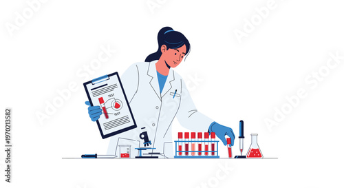 A female scientist in a lab coat holds a test report and picks up a test tube from a rack on a lab bench.