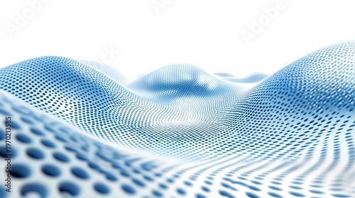 An abstract digital network pattern with flowing blue waves and soft lighting against a clean white background, representing connectivity and data flow.