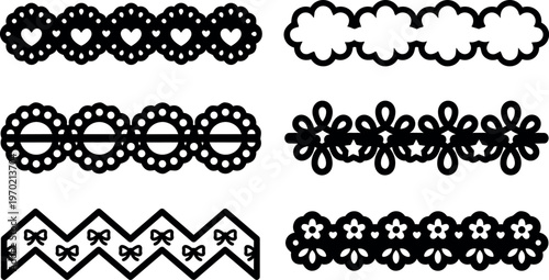 Black and white decorative lace border patterns with hearts bows and flowers