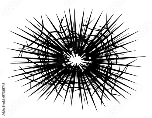 Shattered glass impact with radial cracks in hand drawn vector line art style