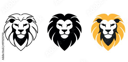 Stylized lion head illustrations with bold symmetrical mane and strong facial expression in outlined filled and golden styles