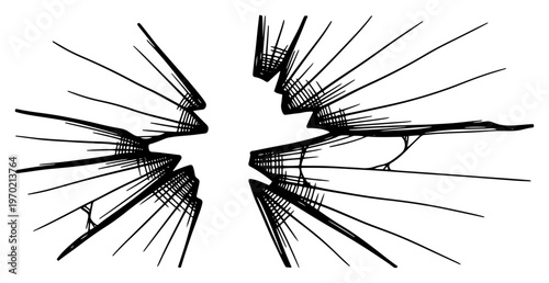 Horizontal cracked surface with broken shards and sharp edges in sketch vector style