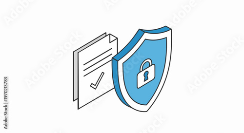 Isometric Data Security and Document Protection Concept Illustration with Shield, Padlock, and Verified Checklist for Cybersecurity and Compliance