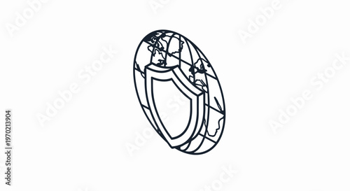 Isometric Global Cybersecurity Icon: Shield Protecting World Globe Vector Line Art for Data Security and Network Privacy