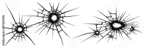 Multiple bullet holes and radial cracks in glass set in hand drawn vector line art style