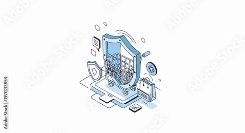 Secure E-commerce and Safe Online Shopping Concept: 3D Isometric Illustration of a Shopping Cart Protected by a Shield for Buyer Data Privacy and Payment Security