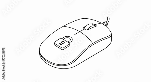 Cybersecurity and Internet Safety Concept: Computer Mouse with Padlock Line Art Illustration