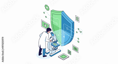 Isometric Cybersecurity Concept with Scientist Researching Data Protection and Digital Security Shield under Microscope