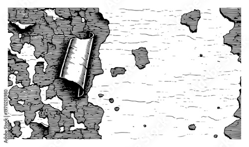 Detailed hand drawn illustration of peeling old paint on a distressed wall surface