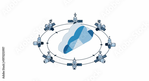 Isometric Satellite Network Orbiting a Cloud Icon, Concept for Global Communication, Data Connectivity, and Space-Based Cloud Computing Infrastructure