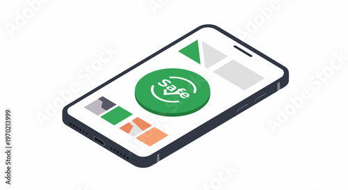 Wallpaper Mural Isometric Mobile Phone with Green Safe Icon and Checkmark Representing Cybersecurity and Data Protection App Interface Torontodigital.ca