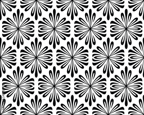 Symmetrical black floral damask pattern with elegant curved leaves in vintage style repeating on seamless gray square background.