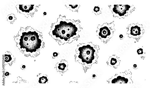 Hand drawn pattern of craters and holes with detailed hatching and grunge style