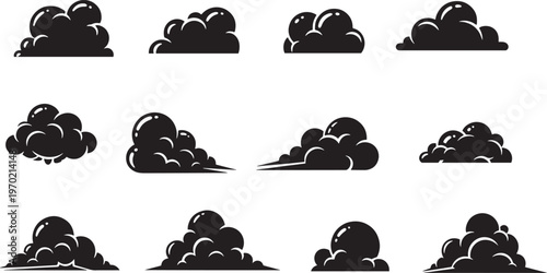 Set of Minimalist Black Cloud Icons and Silhouettes