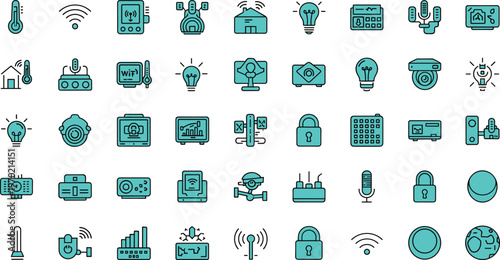 Smart home and IoT technology line icon set featuring sensors automation devices wireless connectivity and digital monitoring