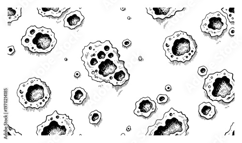 Hand drawn moon craters and porous surface pattern with sketch shading