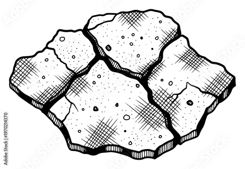 Hand drawn black and white illustration of a cracked stone fragment with vintage hatching style