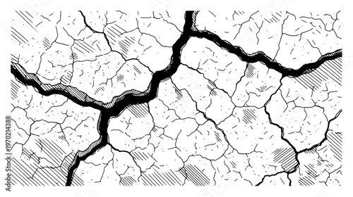 Hand drawn vector illustration of cracked ground texture with deep fissures and hatched shading