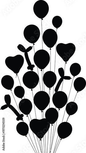 A bunch of black balloons on strings