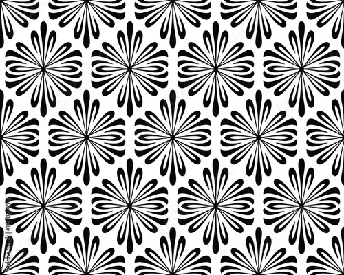 Seamless pattern with black flowers abstract floral geometric ornament on transparent background vector illustration.