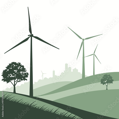 A minimalist vector illustration depicts three green wind turbines on rolling hills with a distant cityscape high quality professional detailed