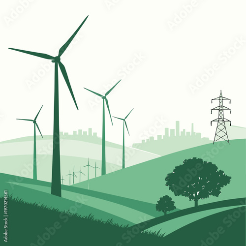 A stylized illustration depicts several wind turbines in a green landscape with rolling hills and a distant cityscape high quality
