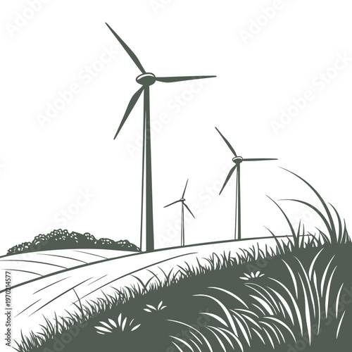 A minimalist illustration depicts three wind turbines standing in a grassy field under a clear sky showcasing renewable energy