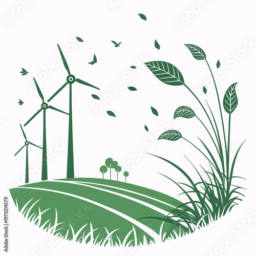 A stylized illustration depicts a green landscape featuring wind turbines flowing grass leaves and birds in flight high quality professional