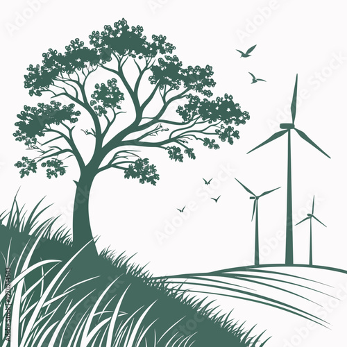 A stylized illustration depicts a lush tree rolling hills soaring birds and distant wind turbines symbolizing renewable energy high quality