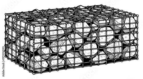 Hand drawn gabion basket filled with large rocks in vintage sketch style