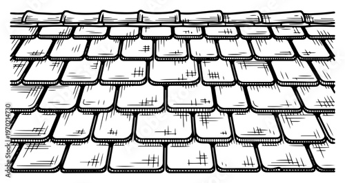 Detailed hand drawn vector pattern of roof shingles or wooden scales