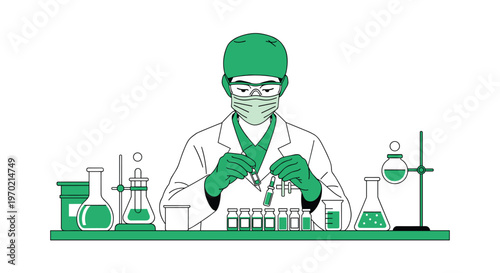 A male scientist in green protective gear and a lab coat handles small vials with tweezers on a lab bench.