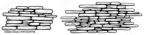 Hand drawn dry stone wall sections with layered flat rocks in sketch style