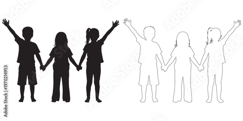 Friendship Day Silhouettes of people performing a traditional dance with raised arms Vector