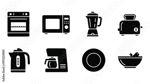 A collection of black kitchen appliances including an oven microwave blender and toaster shown as a silhouette high quality professional detailed
