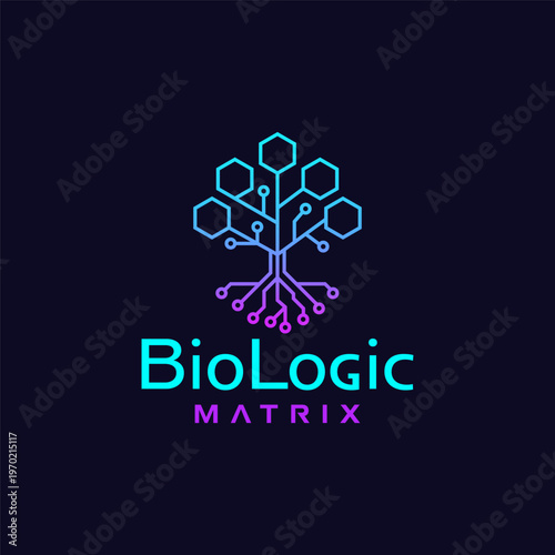 Biologic matrix logo depicts circuit board tree with hexagonal leaves, suitable for technology or environmentalthemed designs. Great for branding projects.