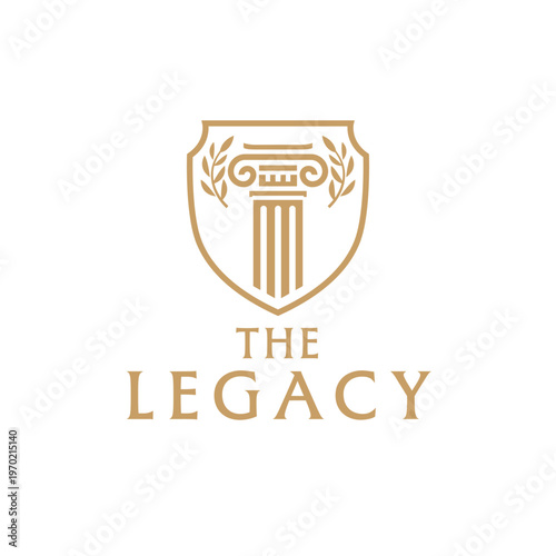 Gold logo designed for a legacy, featuring a shield flanked by columns. Suitable for prestigious brands or organizations seeking a timeless aesthetic.