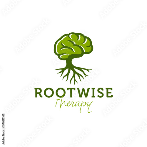 Rootwise therapy logo concept with brain tree symbolizing mental health and growth. Suitable for psychology, counseling, wellness, or learning materials.