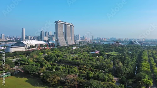 Marina bay, Singapore: Aerial view of famous island country and city-state - landscape panorama of Southeast Asia from above
