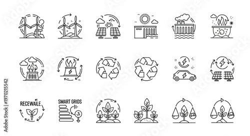 Renewable Energy and Smart Grid Line Icons Set. Sustainable Power, Green Technology, Eco Solutions.